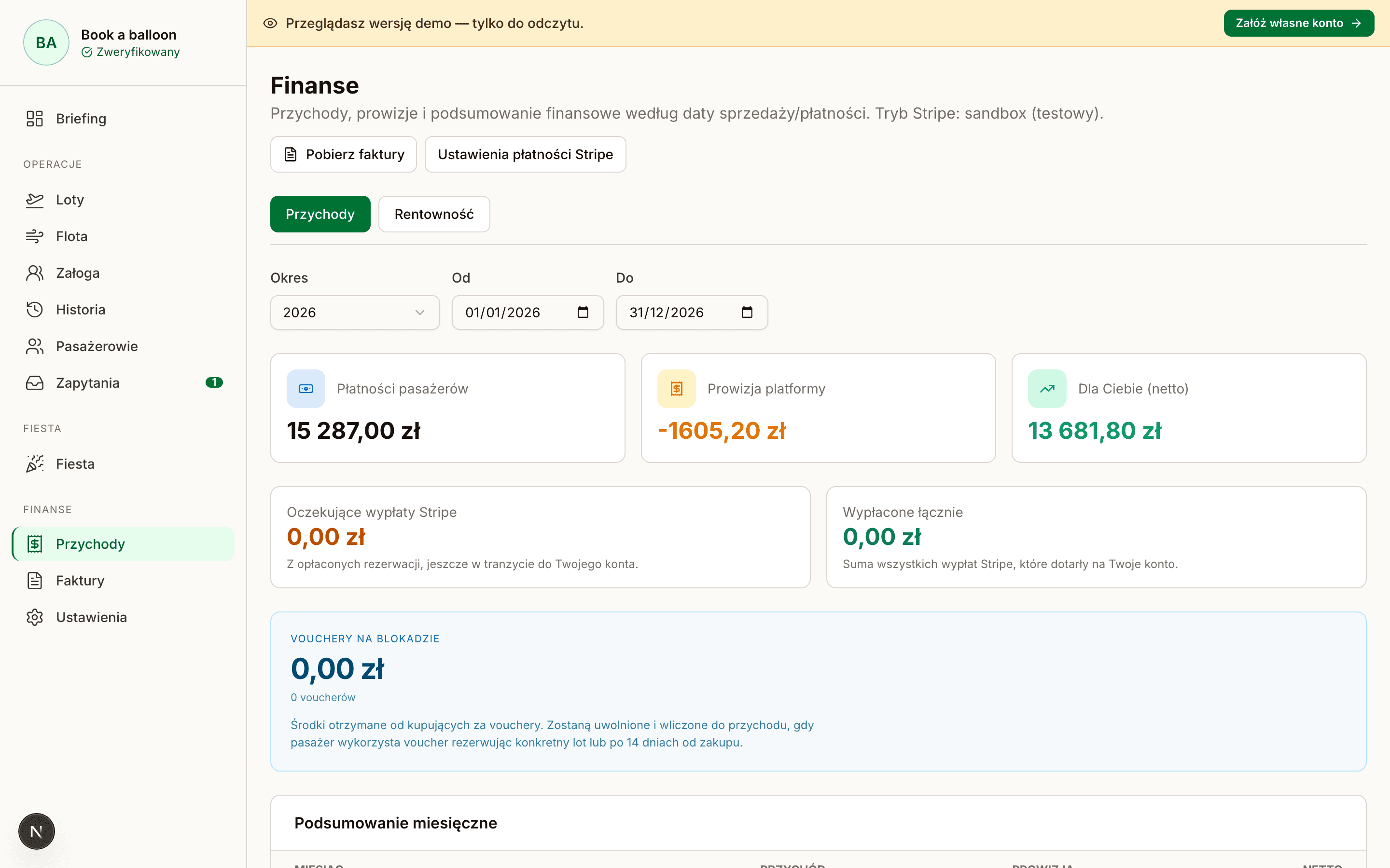 Operator panel: finance and payouts